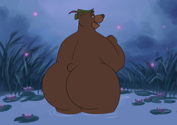 anthro bedroom_eyes big_butt butt bycocket chubby_cheeks clothing eyebrows grass hat hat_feather hat_only headgear headgear_only headwear headwear_only huge_butt lily_pad looking_at_viewer looking_back loose_feather male mostly_nude narrowed_eyes night obese obese_anthro obese_male outside overweight overweight_anthro overweight_male partially_submerged plant pond raised_eyebrow seductive solo standing_in_water teeth_showing tongue water smallfryspy disney robin_hood_(disney) little_john bear brown_bear mammal ursine absurd_res better_version_at_paywall hi_res