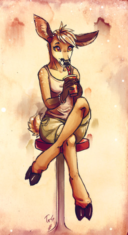 anthro barefoot beverage biped black_nose bottomwear brown_eyes brown_hair clothed clothed_anthro clothed_female clothing cloven_hooves crossed_legs drinking eyebrows feet female female_anthro fully_clothed fully_clothed_anthro fully_clothed_female furniture hair hooves iris milkshake pupils scut_tail shirt short_hair short_tail shorts sitting smile snout solo stool tail tank_top topwear unguligrade noviraine deer mammal