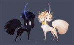 accessory alsares ambiguous_gender black_body black_fur duo esk feral flower flower_in_hair fur furgonomics glowing gold_(metal) hair hair_accessory horn mirrored plant silver_(metal) simple_background tail tail_accessory those_who_went_missing white_body white_fur