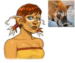 ambiguous_feral ambiguous_gender bangs black_ear_piercing breasts brown_lips cleavage closed_frown clothed clothed_female clothed_humanoid clothing ear_piercing eyebrows eyelashes female female_humanoid feral frown frowning_at_viewer grey_eyes hair humanoid_pointy_ears light lips looking_at_viewer mouth_closed multicolored_hair orange_body orange_hair orange_skin photo_reference piercing pigtails pointy_ears simple_background solo tusks two_tone_hair white_background white_eyebrows white_hair yellow_tube_top bingoblin humanoid hybrid mammal orc red_river_hog river_pig suid suine 2025 bust_portrait digital_drawing_(artwork) digital_media_(artwork) english_description hi_res lighting portrait reference_image shaded