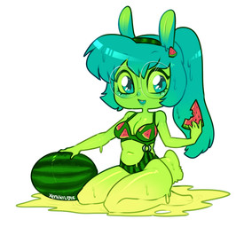 accessory anthro bikini biped blue_eyes blue_hair breasts cleavage clothed clothing eyewear female food food_bikini food_print fruit fruit_bikini fruit_print glasses green_hair hair hair_accessory hairband kneeling looking_at_viewer melon open_mouth plant plant_print print_bikini print_clothing print_swimwear simple_background slime smile solo swimwear two-piece_swimsuit watermelon watermelon_bikini watermelon_pattern watermelon_print watermelon_slice white_background xenthyl stickii goo_creature lagomorph leporid mammal rabbit 2015 digital_media_(artwork)