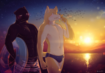 abs anthro banana blush bulge clothed clothing duo food fruit male outside plant skimpy speedo standing sunset swimwear topless dona908 canid canine felid mammal hi_res