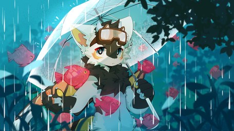 2_horns 4_fingers anthro biped blue_eyes blush blush_lines chest_tuft dragon_horn eyewear eyewear_on_head fingers fur goggles goggles_on_head horn inner_ear_fluff kemono looking_at_viewer male markings multicolored_body multicolored_fur navel orange_markings outside pawpads paws raining solo standing tuft umbrella white_body white_fur wings hlg7777 mythology fructose_(fructose_c) aquatic butterfly_dragon dragon fish furred_dragon furred_scalie mythological_creature mythological_scalie scalie 16:9 2026 cel_shading digital_drawing_(artwork) digital_media_(artwork) hi_res shaded wallpaper widescreen