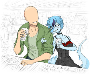anthro bald bar beverage big_breasts black_clothing black_dress blue_body blue_hair blush breasts choker clothed clothed_anthro clothed_female clothed_human clothed_male clothing container cup detailed_background dress duo_focus female fingers food green_clothing green_jacket green_shirt green_topwear grey_eyes group hair happy highlights_(coloring) human_on_anthro humanoid_hands inside interspecies jacket jewelry long_tail male male/female markings necklace non-mammal_breasts open_clothing open_jacket open_topwear plate purple_hair romantic romantic_couple shirt short_hair sitting smile spiked_tail spikes spikes_(anatomy) striped_markings stripes tail topwear i_am_indistress cavemanon_studios goodbye_volcano_high ko_op_(game_developer) snoot_game anon_(snoot_game) nick_(gvh) baryonyx dinosaur human mammal prehistoric_species reptile saurischian scalie spinosaurid theropod colored hi_res