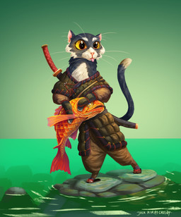 3_fingers ambiguous_feral ambiguous_gender anthro armor arms_bent big_pupils black_body black_flip_flops black_fur black_tail blep bottomwear brown_bottomwear brown_clothing brown_jacket brown_pants brown_topwear cheek_tuft clothed clothed_anthro clothed_male clothing dipstick_tail dorsal_fin eyebrows facial_tuft feral fin fingers fully_clothed fully_clothed_anthro fully_clothed_male fur gauntlets gloves green_background handpaw handwear holding_another jacket katana larger_anthro larger_male light long_tail male markings melee_weapon multicolored_body multicolored_fur neck_tuft ninja open_mouth orange_body orange_fin orange_scales pants paws pink_inner_ear pink_tongue pupils rock scales sharp_teeth simple_background size_difference smaller_ambiguous smaller_feral solo standing sword sword_on_back tail tail_markings tan_nose teeth text tongue tongue_out topwear tuft two_tone_body two_tone_fur two_tone_tail warrior water weapon weapon_on_back whiskers white_body white_eyebrows white_fur white_tail_tip white_whiskers yellow_eyes jack_kirby_crosby aquatic domestic_cat felid feline felis fish mammal 2019 adobe_photoshop_(artwork) artist_name colored digital_media_(artwork) english_description hi_res lighting shaded