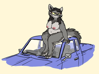 anthro areola belly big_belly big_breasts breasts brown_hair car female hair light_truck motor_vehicle navel nipples pickup_truck sitting sitting_on_car sitting_on_vehicle slightly_chubby slightly_chubby_anthro slightly_chubby_female smile solo tail thick_thighs truck vehicle voluptuous_female wide_hips yellow_eyes bizart kira_(bizart) canid canine canis mammal wolf 2025 aliasing digital_media_(artwork) hi_res