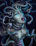 apode breasts fangs female forked_tongue glowing glowing_eyes legless living_hair non-mammal_breasts pseudo_hair scales serpentine snake_hair solo split_form teeth tongue unknown_artist european_mythology greek_mythology mythology medusa draconcopode gorgon humanoid lamia reptile scalie snake