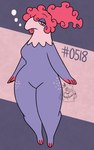 2023 3_toes 5_fingers :3 anthro anthrofied antlers black_antlers border breasts bubble clothing colored curled_hair eyebrows eyelashes featureless_breasts featureless_crotch feet female fingers floppy_ears freckled_legs freckled_thighs freckles generation_5_pokemon hair half-closed_eyes hi_res holding_clothing holding_object holding_shirt holding_topwear horn looking_at_viewer multicolored_body musharna narrowed_eyes nerdyreindeer nintendo number pink_background pink_body pink_head pokemon pokemon_(species) ponytail purple_body purple_border red_eyes red_fingers red_hair red_toes shirt simple_background snout solo standing thick_thighs tied_hair tired toes topwear two_tone_body watermark