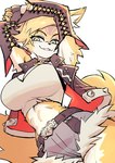 anthro big_breasts breasts clothing colo felid female fur green_eyes hi_res mammal mihoyo presenting pulchra_(zenless_zone_zero) smile smiling_at_viewer solo topwear white_clothing white_topwear yellow_body yellow_fur zenless_zone_zero