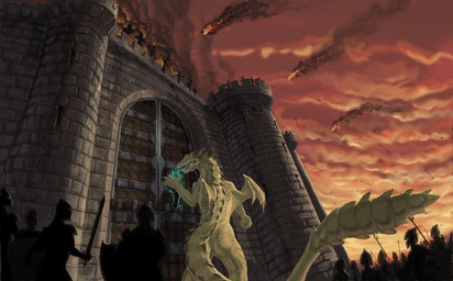 ambiguous_gender armor army attack breath_powers burning_building castle day feral fire group holding_object holding_weapon knight membrane_(anatomy) membranous_wings nude open_mouth outside rear_view scales sky solo_focus standing tail teeth war warrior weapon wings yellow_body yellow_scales aaros mythology dragon human mammal mythological_creature mythological_scalie scalie digital_media_(artwork) portrait three-quarter_portrait