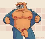 anthro balls clothing eyebrows fur genitals jumpsuit looking_at_viewer male navel nipples orange_body orange_fur overweight overweight_male penis presenting pubes sharp_teeth simple_background solo standing teeth thick_eyebrows thick_penis chevkoda nintendo warioware dribble_(warioware) canid canine canis domestic_dog mammal hi_res signature