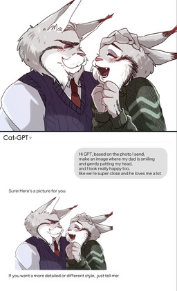 anthro duo facial_hair fur grey_body grey_fur headpat humor male mustache smile text shandrawing4991 chatgpt disney zootopia milton_lynxley pawbert_lynxley canada_lynx felid feline lynx mammal english_text hi_res father_(lore) father_and_child_(lore) father_and_son_(lore) parent_(lore) parent_and_child_(lore) parent_and_son_(lore) son_(lore)