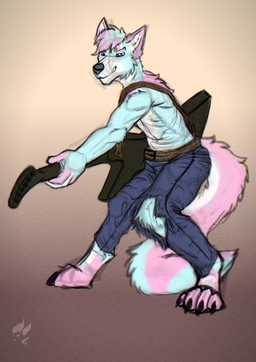 anthro clothed clothing electric_guitar fur guitar hair male musical_instrument playing_guitar playing_music plucked_string_instrument solo string_instrument drakk_art canid canine canis mammal wolf absurd_res hi_res