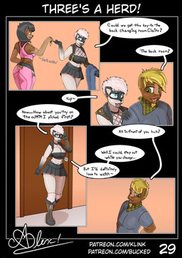 anthro blue_eyes boots bottomwear breasts cleavage clothed clothing dialogue female fishnet_top footwear group hair male male/female miniskirt panties_showing pink_hair shoes skirt text trio bucked buckwheat_(bucked) lilith_(bucked) canid canine canis domestic_cat domestic_dog equid equine felid feline felis horse mammal comic english_text hi_res url