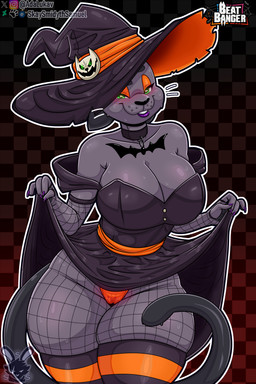 anthro bedroom_eyes black_costume black_ears black_tail clothing costume female footwear fur green_eyes grey_body grey_fur grey_skin halloween_costume hat headgear headwear holidays huge_thighs legwear magic_user narrowed_eyes nervous nervous_smile seductive small_waist socks solo stockings suggestive tail thick_thighs witch witch_costume witch_hat skay_smidyth_samuel beat_banger bunfan_games halloween cathy_smith domestic_cat felid feline felis mammal 2:3 absurd_res hi_res