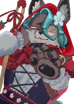 anthro claws clothing eyewear fur grey_body grey_fur hair hood looking_at_viewer male monocle multicolored_body multicolored_fur paws red_clothing red_hood simple_background solo tongue tongue_out topwear two_tone_body two_tone_fur white_body white_fur kenkenpa25254 compass_(combat_providence_analysis_system) charles_richter_(compass) canid canine canis mammal wolf 2026 hi_res
