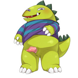 animal_genitalia anthro biped blush cloaca clothed clothing clothing_lift erection front_view genitals male open_mouth overweight overweight_anthro overweight_male penis sharp_teeth shirt shirt_lift simple_background solo standing sweatshirt tapering_penis teeth topwear vertical_cloaca white_background enryo lizard reptile scalie 1:1 2016 character_request full-length_portrait hi_res portrait