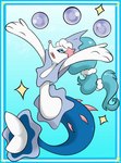 ambiguous_gender arms_above_head blue_eyes blue_hair border bubble feral hair open_mouth open_smile smile solo star tongue upper_teeth_only white_body pixelz nintendo pokemon generation_7_pokemon pokemon_(species) primarina