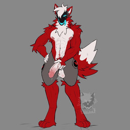 anthro balls blue_eyes bodily_fluids body_hair chest_tuft fur genital_fluids genitals happy_trail heart_symbol holding_penis humanoid_genitalia humanoid_penis machine male multicolored_body multicolored_fur muscular muscular_anthro muscular_male penis precum presenting solo standing tongue tongue_out tuft vein veiny_penis raspberry_fruit_fox skya_the_protogen protogen 1:1