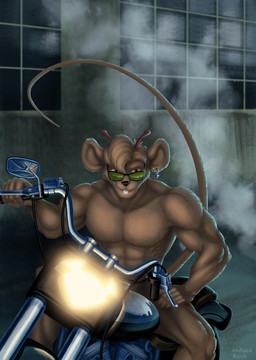 5_fingers abs antennae_(anatomy) anthro biceps biped black_nose brown_body brown_fur brown_hair buckteeth ear_piercing eyewear fingers fur glasses hair hand_on_leg headlight holding_fixture looking_at_viewer male motorcycle muscular muscular_anthro muscular_male nude pecs piercing pose raised_tail red_eyes short_hair sitting smile smoke solo straddling sunglasses tail teeth vehicle kivuli nkalex biker_mice_from_mars throttle_(bmfm) alien house_mouse mammal mouse murid murine rodent absurd_res hi_res