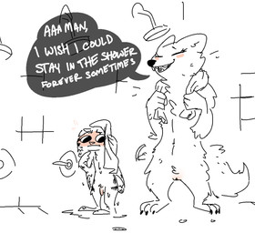 anthro being_watched blush dialogue dripping duo eyes_closed female genitals looking_at_another male open_mouth penis shower speech_bubble standing stare teeth text tile tile_wall towel vulva wall_(structure) water nobby_(artist) disney zootopia jack_savage skye_(zootopia) arctic_fox canid canine fox lagomorph leporid mammal rabbit true_fox aliasing binary_drawing digital_drawing_(artwork) digital_media_(artwork) english_text sketch