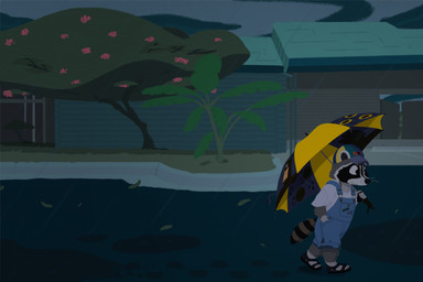 ambiguous_gender anthro clothing detailed_background fur grey_body grey_fur outside overalls raining shirt solo topwear umbrella young pipesburrow mammal procyonid raccoon 2021 absurd_res hi_res