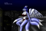 anthro biped blue_hair breasts city clothing eyewear feathered_wings feathers female fur glasses hair long_hair multi_tail night outside purple_body purple_fur sitting solo tail text white_body white_fur wings yellow_eyes snowfyre canid canine fox mammal 2010 english_text