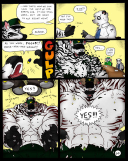 anthro big_muscles body_size_growth group growth growth_pills huge_muscles hyper hyper_muscles inside macro male muscle_growth muscular muscular_male onomatopoeia outgrowing_clothes size_difference size_transformation sound_effects speech_bubble text transformation trio dnapalmhead redsaber third-party_edit bear elephant elephantid equid equine giant_panda mammal proboscidean zebra comic english_text