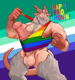 2_horns 5_fingers animal_genitalia animal_penis areola ball_tuft balls barazoku beard biceps big_balls big_muscles big_penis biped bodily_fluids body_hair bottomless bottomless_humanoid bottomless_male brown_hands brown_horn chest_hair clothed clothed_humanoid clothed_male clothing clothing_pull deltoids equine_genitalia equine_penis erection erection_under_clothing erection_under_shirt eyebrows facial_hair fingers fist fur genital_fluids genitals gloves_(marking) grey_beard grey_body grey_eyebrows grey_facial_hair grey_fur grey_hair grey_mustache hair hairy horn huge_penis humanoid_hands lgbt_pride male male_humanoid manly markings medial_ring multicolored_body multicolored_clothing multicolored_shirt multicolored_tank_top multicolored_topwear muscular muscular_humanoid muscular_male mustache nipples one_eye_closed open_mouth open_smile pecs penis pink_areola pink_inner_ear pink_nipples pink_nose pink_penis pink_tongue precum pride_color_background pride_color_clothing pride_color_tank_top pride_colors rainbow_pride_clothing rainbow_pride_colors raised_arm shirt shirt_pull shoulder_hair simple_background six-stripe_rainbow_pride_colors smile solo standing tail tank_top teeth text three-quarter_view tongue topwear topwear_pull tuft vein veiny_penis vincian_pride_colors dullaram lgbt_pride_month demon humanoid digital_media_(artwork) english_text hi_res portrait shaded three-quarter_portrait
