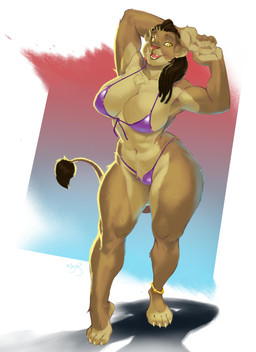 abs abstract_background anklet anthro arms_above_head athletic athletic_anthro athletic_female big_breasts bikini breasts brown_body brown_fur brown_hair chest_tuft claws clothed clothing crotch_tuft dreadlocks female fur gradient_background hair jewelry multicolored_body multicolored_fur open_mouth open_smile pose simple_background skimpy smile solo swimwear tan_body tan_fur thick_thighs toe_claws tuft two-piece_swimsuit two_tone_body two_tone_fur yellow_eyes rayjay aniyah felid lion mammal pantherine 2019 absurd_res hi_res pinup