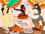 anthro big_butt breasts burping butt female food food_fetish group male male/female overweight overweight_anthro overweight_female text trio weight_gain conditional_dnp thaismotosuwa alst dripdry menzo canid canine canis hyena jackal mammal wolf 2019 absurd_res english_text hi_res url