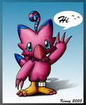 3_fingers 3_toes ^_^ blue_eyes blue_markings claws eyes_closed feathers feet female fingers gesture kenny21 markings pink_body pink_feathers red_claws ring smile solo text toe_claws toes waving bandai_namco digimon avian biyomon digimon_(species) 2005 signature