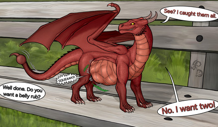 belly big_belly claws dialogue fence feral feral_pred grass male male_pred plant red_belly red_body red_legs red_tail red_wings rumbling_stomach speech_bubble tail talking_feral text vore white_claws wings yellow_eyes dragonczech mythology dragon mythological_creature mythological_scalie scalie 2025 english_text hi_res