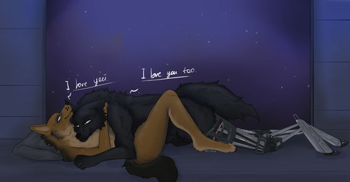 anthro black_body black_fur black_nose claws cybernetics duo female fur machine male male/female prosthetic prosthetic_leg prosthetic_limb sky star starry_sky tail toe_claws yellow_body yellow_eyes furrymammy arnulf_bader canid canine canis jackal mammal wolf absurd_res hi_res