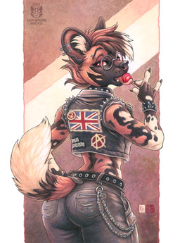 5_fingers anthro belt biped black_nose bottomwear brown_body brown_fur brown_hair brown_tail butt claws clothed clothed_anthro clothed_female clothing collar ear_piercing eyewear female finger_claws fingers fully_clothed fully_clothed_anthro fully_clothed_female fur furgonomic_bottomwear furgonomics glasses hair inner_ear_fluff jacket looking_at_viewer looking_back looking_back_at_viewer midriff pants piercing rear_view red_eyes solo tail topwear tuft kacey african_wild_dog canid canine mammal 2025 hi_res traditional_media_(artwork)