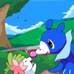 ambiguous_gender black_eyes blue_body duo eyes_closed feral happy leaf nose_to_nose open_mouth plant tongue tree white_body sleepy_sealion nintendo pokemon generation_4_pokemon generation_7_pokemon land_forme_shaymin legendary_pokemon pokemon_(species) popplio shaymin 1:1 2025 absurd_res dated hi_res signature