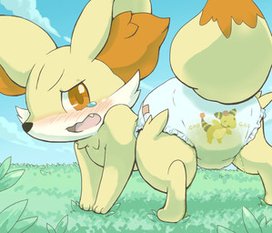 ambiguous_gender blush bodily_fluids butt clothing diaper embarrassed feral genital_fluids looking_at_viewer omorashi peeing solo tears unclean_diaper urine used_diaper wet wet_diaper wetting wadorigi nintendo pokemon canid canine fennekin generation_6_pokemon mammal pokemon_(species) 2015 hi_res