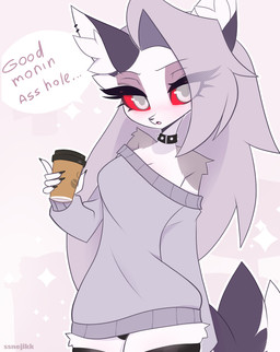 anthro biped black_clothing black_legwear black_nose black_stockings breasts clothing coffee_cup collar container countershade_face countershade_fur countershade_torso countershading cup dialogue ear_piercing ear_ring eyebrows female fur grey_body grey_fur grey_hair hair holding_coffee_cup holding_container holding_cup holding_object inner_ear_fluff legwear long_hair looking_at_viewer medium_breasts open_mouth piercing profanity red_sclera ring_piercing solo speech_bubble spiked_collar spikes stockings sweater talking_to_viewer text thigh_highs topwear tuft white_body white_countershading white_fur white_inner_ear_fluff ssnejikk hellaverse helluva_boss mythology loona_(helluva_boss) canid canid_demon canine demon hellhound mammal mythological_canine mythological_creature 2026 english_text hi_res