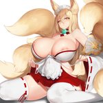 9_tails areola areola_slip armwear asian_clothing bare_shoulders beads big_breasts biped blonde_hair bottomwear breasts choker clothed clothing detached_sleeves dipstick_tail east_asian_clothing eyelashes female fluffy fluffy_tail front_view fur glistening glistening_breasts hair hakama huge_breasts inner_ear_fluff japanese_clothing jewelry legwear light_body light_skin long_hair looking_at_viewer magatama maid_headdress markings monotone_body monotone_hair multi_tail multicolored_tail necklace pink_areola pupils red_bottomwear red_clothing red_hakama simple_background sitting skimpy skindentation slit_pupils solo tail tail_markings thick_thighs thigh_highs topwear tuft two_tone_tail white_background white_clothing white_legwear white_topwear wide_hips yellow_body yellow_eyes yellow_fur yellow_inner_ear_fluff jam_(nandade) last_origin hirume animal_humanoid canid canid_humanoid canine canine_humanoid fox_humanoid humanoid mammal mammal_humanoid 1:1 absurd_res hi_res