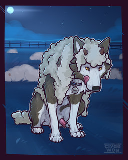 animal_genitalia claws cloud countershade_torso countershading feet feral front_view fur genitals looking_at_viewer male moon night outside penis sheath sitting sky solo star toes tongue clyde_wolf canid canine canis mammal wolf 2026 digital_drawing_(artwork) digital_media_(artwork) hi_res