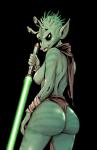 big_butt black_eyes breasts butt clothed clothing female green_body green_lightsaber holding_object holding_weapon lightsaber lips looking_at_viewer looking_back melee_weapon naughty_face nipples not_furry partially_clothed pose reverse_grip side_boob solo thick_lips thick_thighs weapon wide_hips renx star_wars ganodi humanoid rodian alpha_channel hi_res portrait three-quarter_portrait