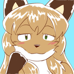 :3 anthro big_ears big_eyes biped blonde_hair blue_background blush blush_lines brown_body brown_ears brown_fur brown_nose close-up eyebrows eyelashes female fist front_view fur gloves_(marking) green_eyes hair head_on_hand long_hair looking_at_viewer markings narrowed_eyes red_blush simple_background small_nose solo white_body white_fur white_sclera yellow_body yellow_fur conditional_dnp killerfoxkin averi_(fiddleafox) canid canine fox mammal red_fox true_fox 1:1 2024 digital_drawing_(artwork) digital_media_(artwork) hi_res icon shaded