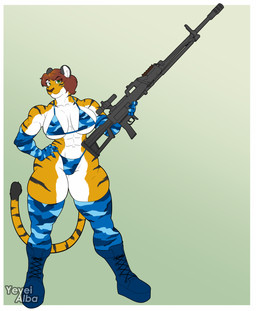 abs anthro armwear bikini black_stripes blue_bikini blue_boots blue_camo blue_clothing blue_footwear blue_legwear blue_swimwear blue_thigh_highs boots bra breast_squish breasts brown_hair brown_nose camo camo_bikini camo_bra camo_clothing camo_elbow_gloves camo_print camo_swimwear camo_thigh_highs camo_thong camo_topwear camo_underwear claws clothed clothed_anthro clothed_female clothing elbow_gloves female finger_claws footwear fur gloves green_eyes gun hair hand_on_hip handwear holding_gun holding_object holding_ranged_weapon holding_rifle holding_weapon legwear looking_at_viewer multicolored_body muscular muscular_anthro muscular_female orange_body orange_fur pattern_bikini pattern_bra pattern_clothing pattern_swimwear pattern_topwear pattern_underwear ranged_weapon rifle shoes short_hair smile solo squish stripes swimwear tail tall_boots thick_thighs thigh_highs thigh_squish topwear two-piece_swimsuit two_tone_body underwear weapon white_body white_fur yeyeialba felid mammal pantherine tiger 2026 absurd_res digital_drawing_(artwork) digital_media_(artwork) flat_colors hi_res signature