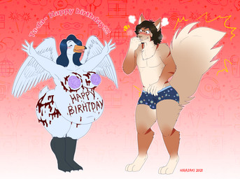 3_toes 4_fingers anthro aroused beak belly big_belly big_breasts biped blush boxer_briefs breasts bulge candy chocolate chocolate_sauce clothed clothing curvy_figure dessert detailed_bulge dialogue duo erection erection_under_clothing feathered_wings feathers feet female fingers food front_view genital_outline male membrane_(anatomy) motion_lines navel non-mammal_navel open_beak open_mouth open_smile overweight overweight_anthro overweight_female pasties penis_outline smile spread_wings standing text text_on_body thick_thighs toes underwear voluptuous webbed_feet white_body white_feathers wide_hips winged_arms wings ryukawa anatid anseriform anserine avian bird mammal rodent sciurid swan tree_squirrel 2021 dated digital_media_(artwork) hi_res signature