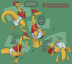 abstract_background anthro biped blush bodily_fluids clothed clothing dialogue diaper diaper_fetish embarrassed feces genital_fluids green_background male masturbation red_clothing red_topwear red_vest simple_background soiled_diaper solo speech_bubble text topwear train_conductor unclean_diaper urine used_diaper vest wearing_diaper wet_diaper yellow_body crackajackin dinosaur_train pbs mr._conductor_(dinosaur_train) dinosaur prehistoric_species reptile saurischian scalie theropod troodon troodontid 2026 digital_media_(artwork) english_text hi_res sequence url