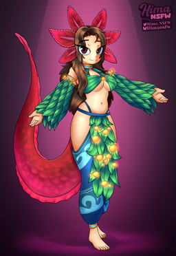 arm_out barefoot blue_cloth bottomwear breasts clothed clothing dress feet female frill_(anatomy) glowberries leaf_clothing loincloth looking_at_viewer midriff off_shoulder puffy_pants red_tail sleeveless_clothing solo standing tail thigh_strap under_boob wide_sleeves hima_nsfw amphibian aquatic axolotl axolotl_humanoid human hybrid mammal mole_salamander salamander absurd_res hi_res