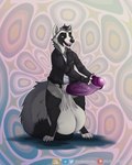 abstract_background anthro balls big_balls big_penis black_body black_clothing black_fur black_nose black_topwear bottomless clothed clothing erection fangs fur genitals grey_body grey_fur huge_balls huge_penis humanoid_genitalia humanoid_penis hyper hyper_balls hyper_genitalia male open_clothing open_mouth open_smile open_topwear penis purple_eyes purple_penis purple_tongue smile solo standing teeth tongue topwear vein veiny_penis white_body white_fur thecluelessfox james_(verne_nicolaio) canid canine mammal raccoon_dog tanuki absurd_res full-length_portrait hi_res portrait