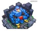 anthro building bulge city clothed clothing destruction detailed_bulge high-angle_view macro male muscular muscular_male sitting solo speedo swimwear topless topless_male worship wolfmalro nintendo star_fox falco_lombardi avian bird 2022 hi_res