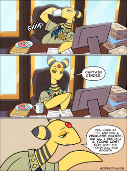 ambiguous_gender anthro badge beverage clothed clothing computer container crumbs cup dessert dialogue doughnut drinking electronics food half-closed_eyes harmony_scarf holding_beverage holding_object mug narrowed_eyes open_mouth paper paper_stack pastry solo speech_bubble tan_clothing text uniform window odeko-yma nintendo pokemon pokemon_mystery_dungeon spike_chunsoft ampharos generation_2_pokemon pokemon_(species) 2026 absurd_res comic digital_media_(artwork) english_text hi_res signature