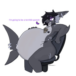 anthro belly big_belly biped black_hair bodily_fluids chair ear_piercing eye_scar eyebrow_piercing facial_piercing facial_scar furniture grey_body hair hand_on_belly hip_piercing huge_belly hyper hyper_belly hyper_pregnancy jewelry male male_anthro navel navel_piercing necklace nipple_piercing nipples nose_piercing office_chair on_chair outie_navel piercing pregnant pregnant_male purple_eyes scar scars_all_over shark_teeth side_view sitting sitting_on_chair solo speech_bubble sweat sweatdrop tail thesmollestboi smolshork aquatic fish shark 1:1 hi_res watermark